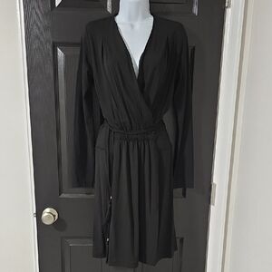 Boston Proper Black Long-Sleeve Midi Wrap Dress